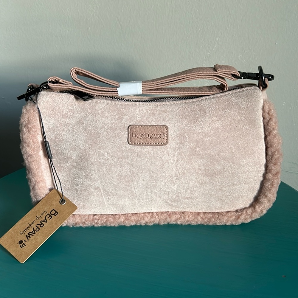 New BearPaw Suede Shearling Trim Crossbody Pouchette Bag with Detachable Strap